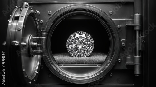 Large shiny diamond inside a heavy steel bank vault. Luxury wealth, investment protection and financial security concept