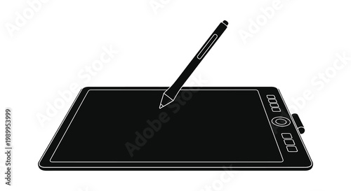 Graphic tablet and stylus presented in a stark black and white silhouette