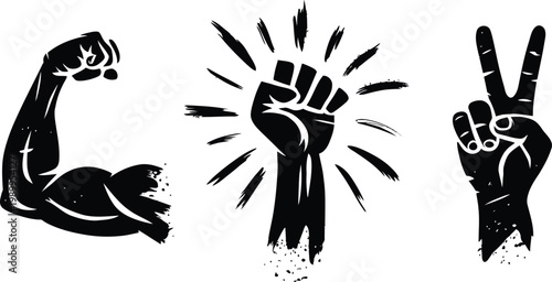 Grunge Silhouette Hand Gestures, Muscle, Raised Fist, and Peace Sign Vector