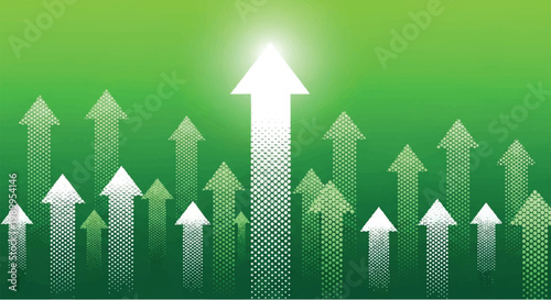 3D business growth concept illustration featuring green arrows moving up on a financial graph to symbolise success and market progress