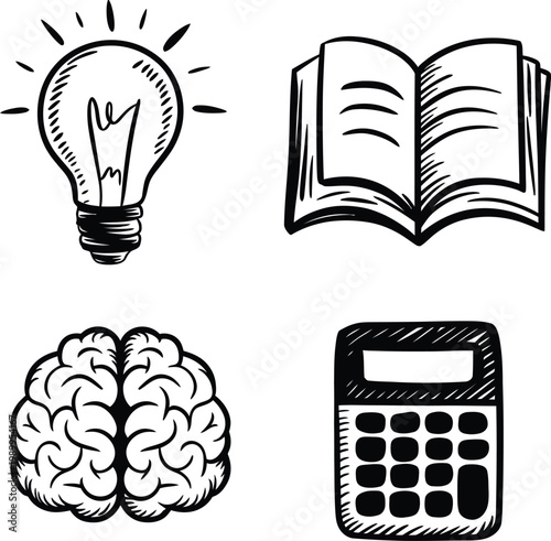 Hand drawn education and brainstorm icon set vector sketch with lightbulb book brain and calculator