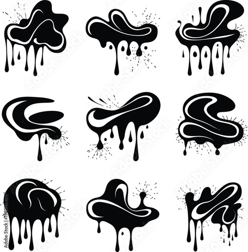 Glossy black paint drip, melting slime splatter, and liquid drop vector silhouette collection