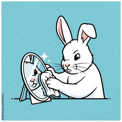 Rabbit looking at reflection in mirror.