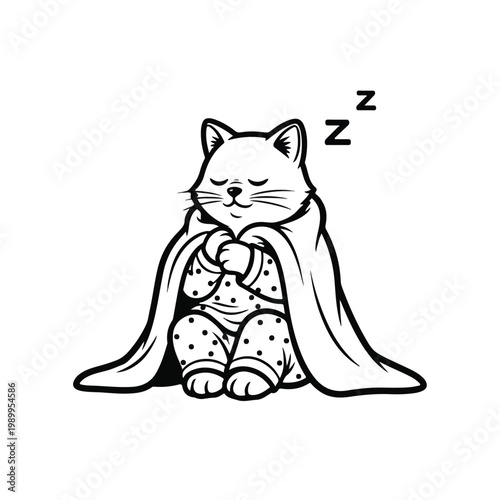 Sleeping Cat in Pajamas and Blanket.