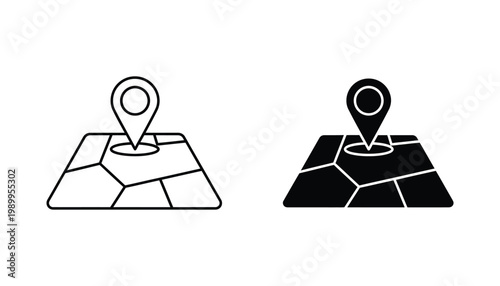 Map location marker pin on abstract paper fold map icon set for navigation travel and geographic tracking services in professional black and white minimalist vector line art style