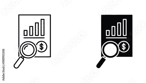 Document with bar chart and magnifying glass icon set representing financial auditing and market research in a clean black vector graphic style for data analysis and corporate reporting materials