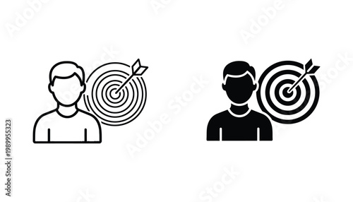 Target audience and customer persona concept icon set showing human profile silhouette with bullseye dartboard for marketing strategy and business growth analysis in flat vector graphic style