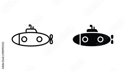 Submarine icon set depicting underwater exploration and maritime navigation in a clean black vector graphic style for naval history and deep sea research presentations and oceanic technology branding