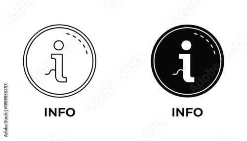Information symbol icon set featuring minimalist circular design with simple i letter for user interface navigation and digital help documentation in both outline and solid black graphic styles