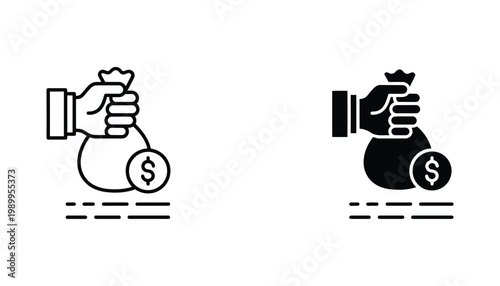 Hand holding money bag icon set representing financial profit and investment success in linear and solid styles for banking and business finance graphics