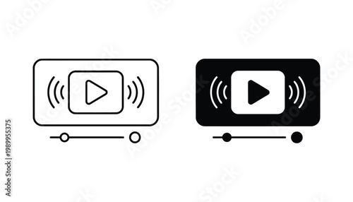 Video media player interface icon set with play button and sound waves in outline and solid styles for digital content streaming and multimedia applications