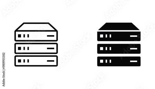 Server rack stack icon set representing data storage and cloud computing infrastructure in linear and bold solid styles for network management and information technology systems
