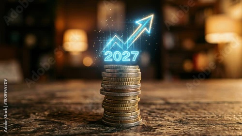 Rising financial graph above stack of coins for 2027. Digital arrow indicating economic growth and investment success for New Year, wealth and saving concept.