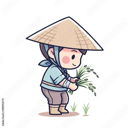 Asian child holding rice plants smiling.