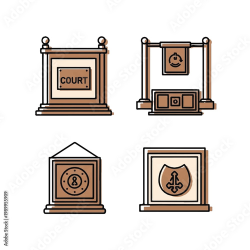 Brown and beige law symbols icons.