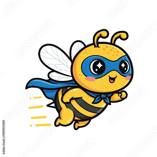 Cartoon bee superhero in flight.