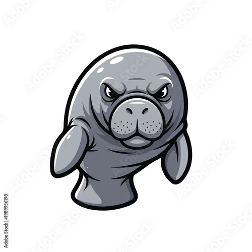 Cartoon manatee with angry expression face.