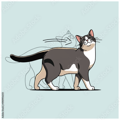 Colorful domestic cat standing alone.