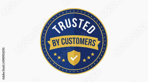 A trusted by customers badge with a shield and stars on a white background
