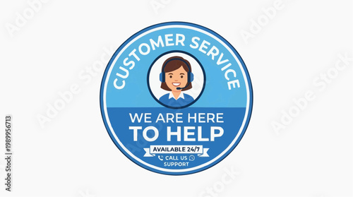A customer service icon with a smiling woman wearing a headset, available 24/7 to help customers.