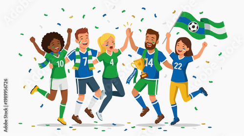A group of diverse people celebrating with confetti and a trophy in a colorful illustration