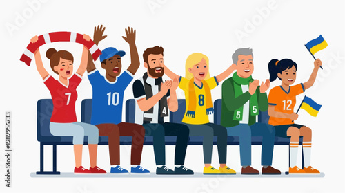 A diverse group of people cheering and supporting their favorite team while sitting on a bench.