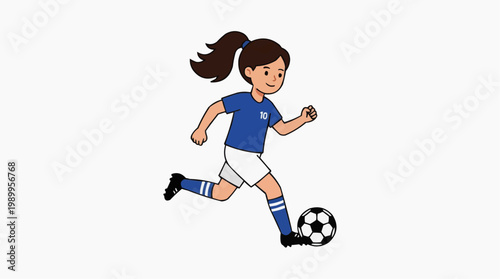 A young girl playing soccer with a ball in a blue jersey and white shorts in a vector illustration