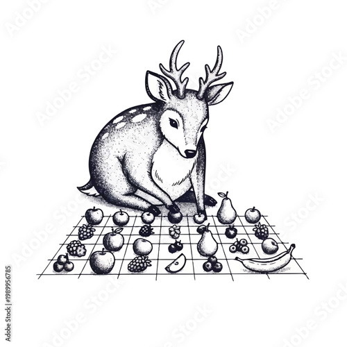 Deer with Antlers Sitting on Grid.