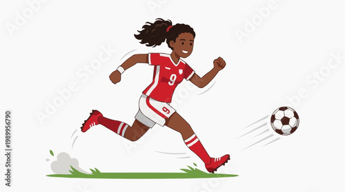 A young girl in a red soccer uniform running with a soccer ball in a cartoon style