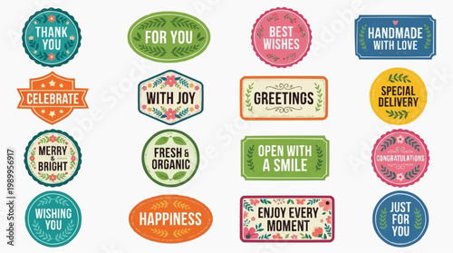 A colorful collection of greeting stickers and labels with various messages and designs