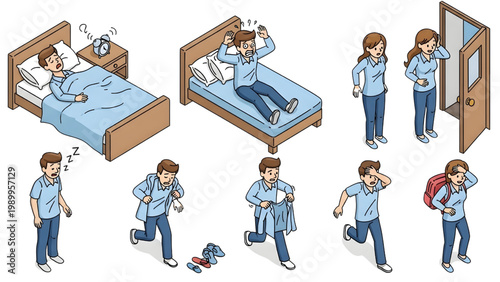 Isometric Morning Oversleep Chaos System Vector Set – Human Rushing Workflow with Wobbly Sketch Lines and Sketchy Stroke Style, Isolated White Background