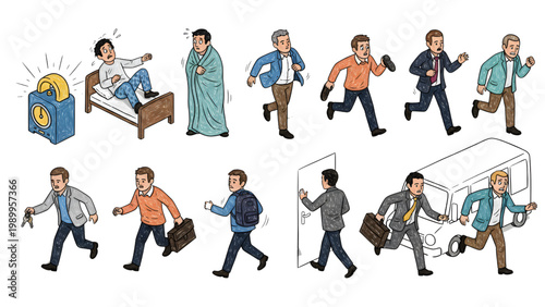 Isometric Morning Oversleep Chaos System Vector Set – Step-by-Step Human Rushing Workflow with Wobbly Lines and Sketchy Stroke Style, Isolated White Background