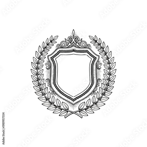 Shield with laurel wreath crest.