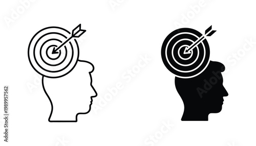 Person profile with a target symbol on head representing focus and goal setting in vector illustration