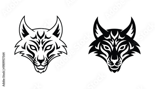 Wolf head with abstract tribal patterns in a monochromatic vector illustration style for logo design