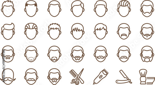 Various men's hairstyles and facial hair styles with barber tools