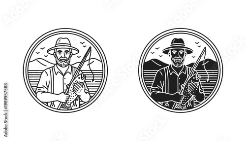 Professional fisherman holding trout fish in a circular badge emblem style for outdoor sporting and fishing adventure brand identity design