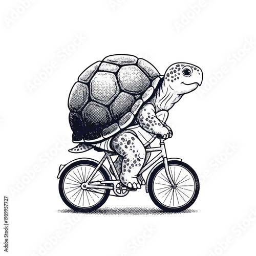 Turtle Riding a Bicycle Slowly Outdoors.