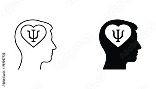 Psychology head profile with heart symbol icon set for mental health and therapy services