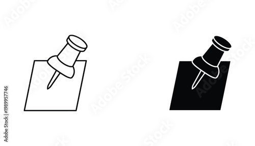 Push pin icon set on paper document for office and task management in line art and solid black styles