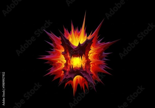 A grotesque, asymmetrical form bursts outward, violently distorted with sharp edges and dark shadows, illustrating primal, intense, uncontrolled rage, detail, hideous, wrath