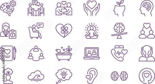 Mental health icons for wellness, therapy, and mindfulness, featuring various symbols and illustrations related to brain and heart.