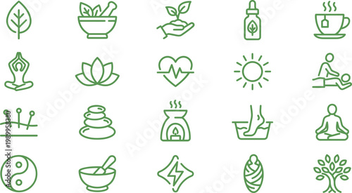 Green icons representing wellness, health, and natural lifestyle concepts and practices