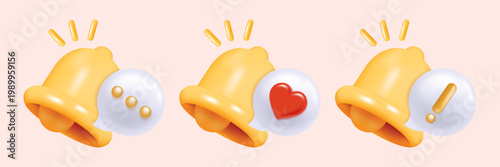 3D Notification Bell Icon Set with Message, Heart and Alert Symbols – Modern Mobile App UI Notification Icons, Social Media Alerts, Messaging and System Reminder Vector Illustration