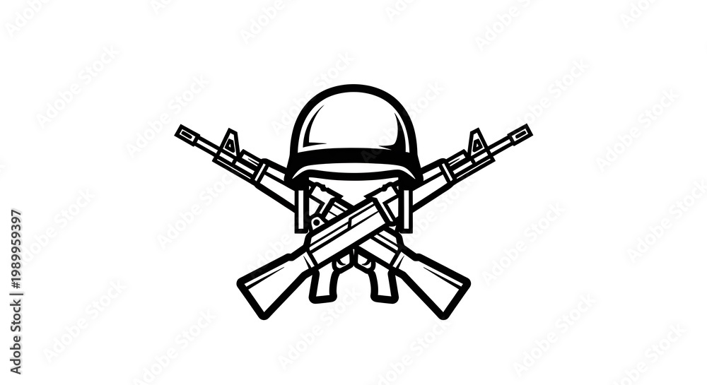 Naklejka premium Monochrome emblem showing a helmet above crossed rifles, simple lines, stark white background