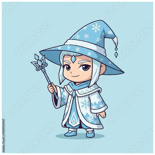 Cartoon wizard girl with magic staff.