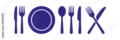 Collection of cutlery and dining icons including a plate, spoon, fork, and knife. Isolated blue vector silhouettes for restaurant and menu design.