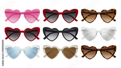 Collection of heart shaped sunglasses on white background