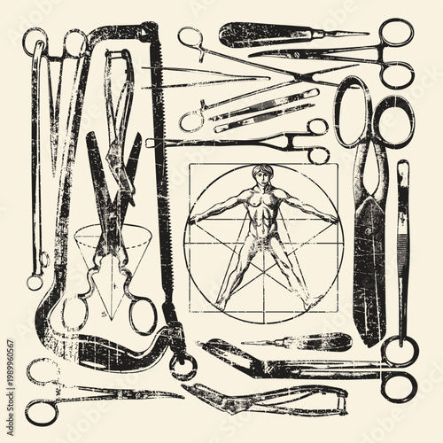 Vector banner with surgical instruments and a human figure on the topics of anatomy, surgery, and cardiology. Vintage background with medical sketches. 
