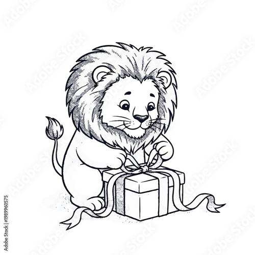 Lion with gift box and ribbon.